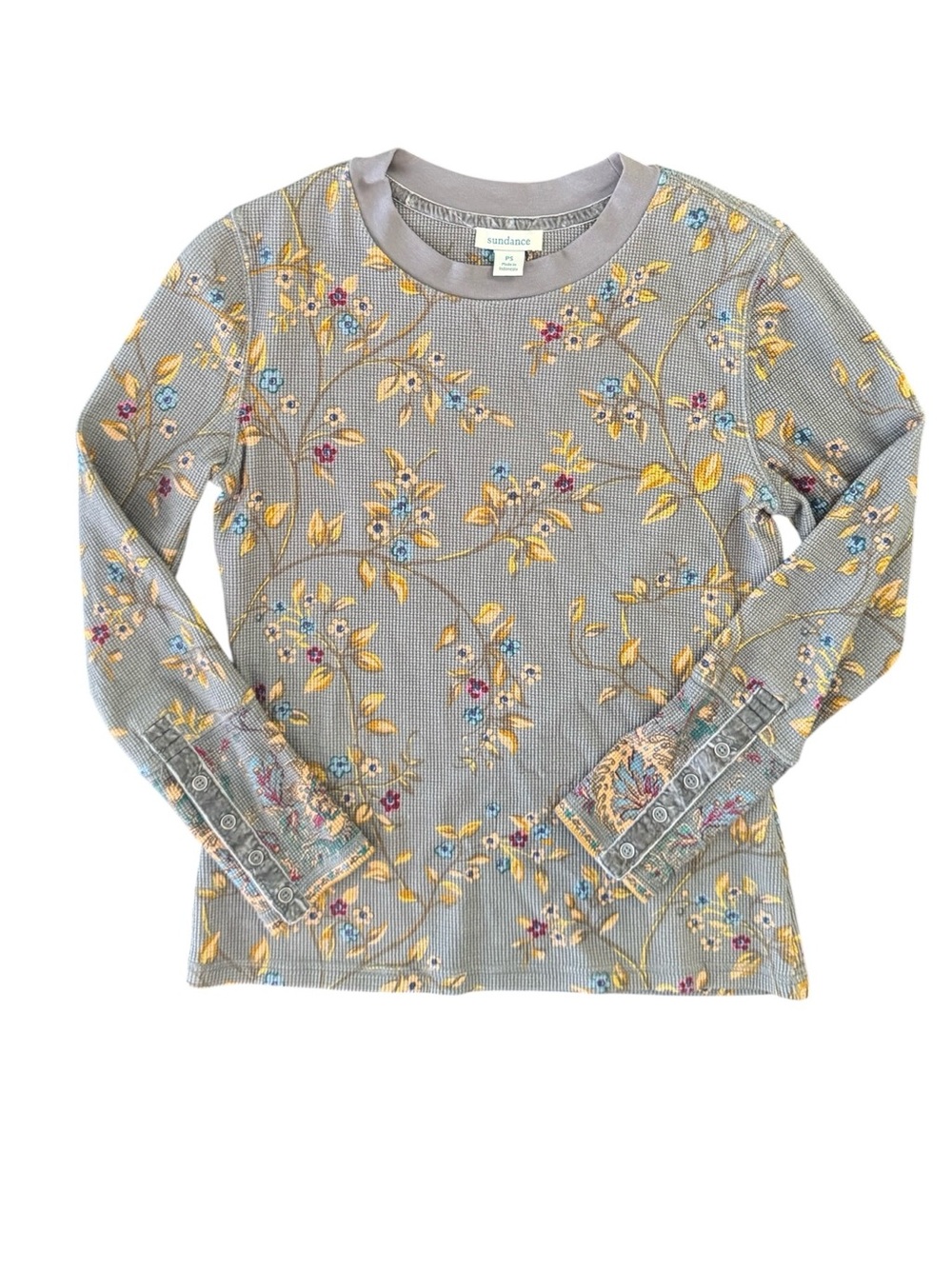 Sundance Floral Waffle Knit Top Petite Small Gray Velvet Trim Boho Cottagecore